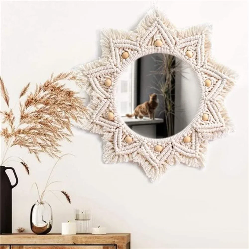 Boho Wall Decor Mirror Macrame Circle Hanging Mirror for Bedroom Living Room